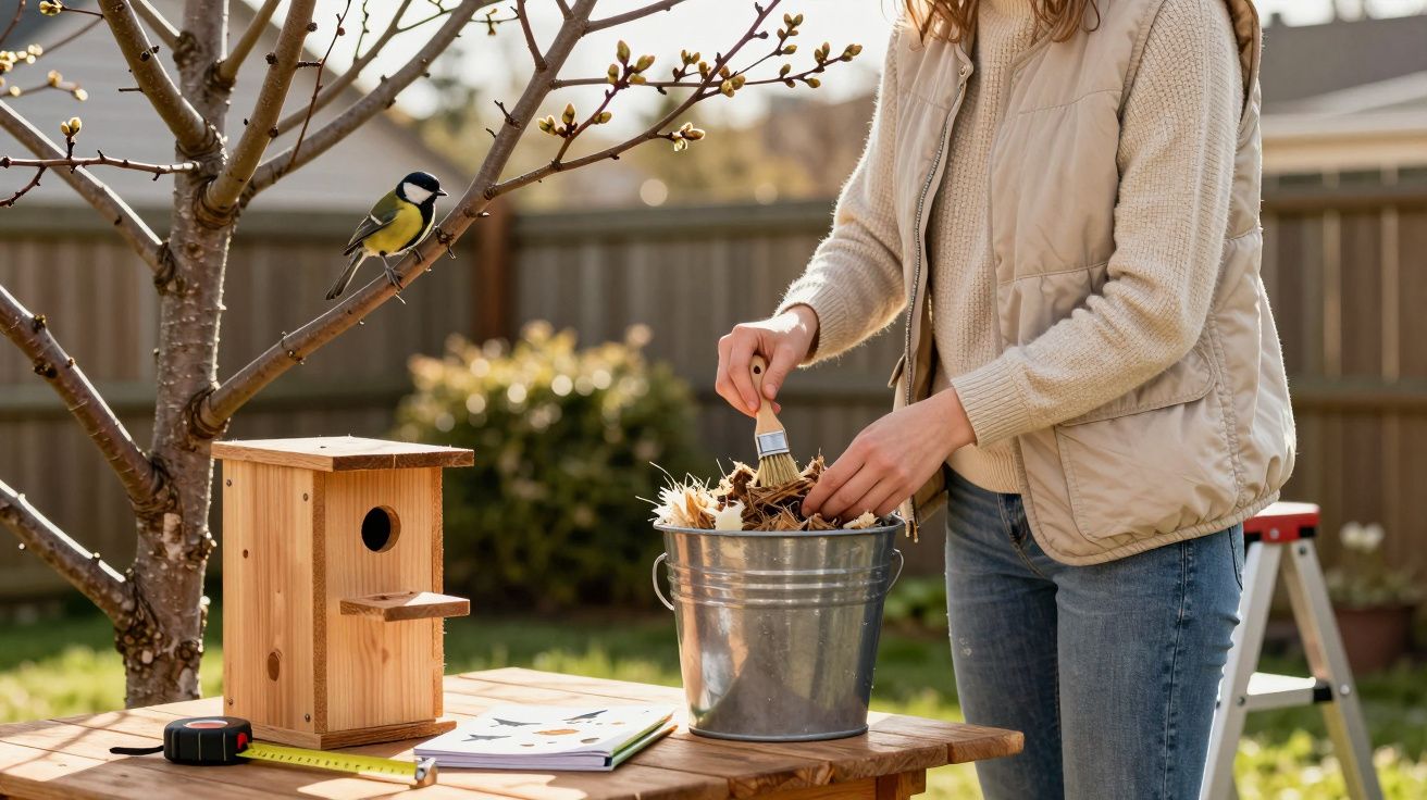 Pessoa preparando ninho artificial para passarinho próximo a casa de madeira em jardim.