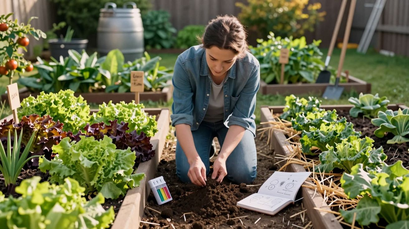 Mulher plantando muda em horta caseira com alfaces e quadro de anotações ao lado.