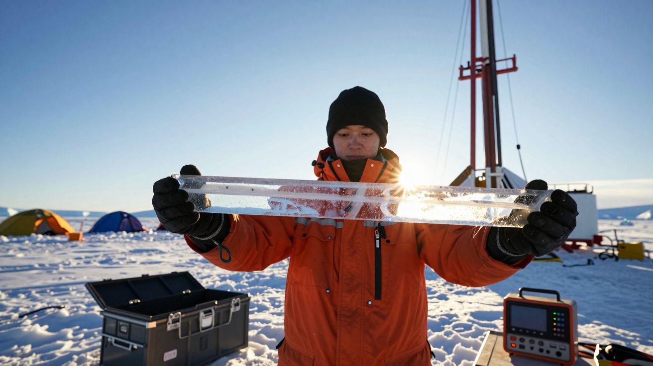 Pesquisador com roupa laranja segura pedaço comprido de gelo transparente em campo coberto de neve.