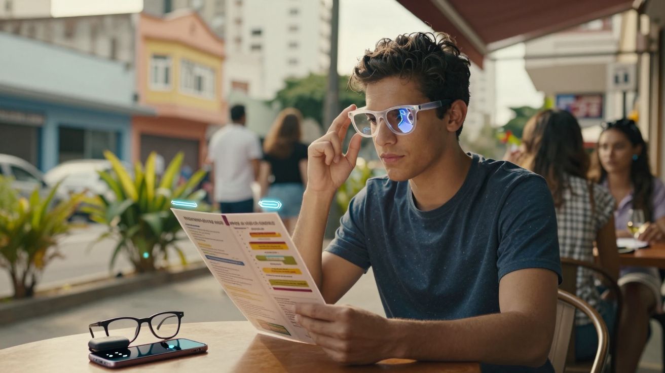 Jovem de óculos lendo cardápio em mesa externa de restaurante com pessoas ao fundo.
