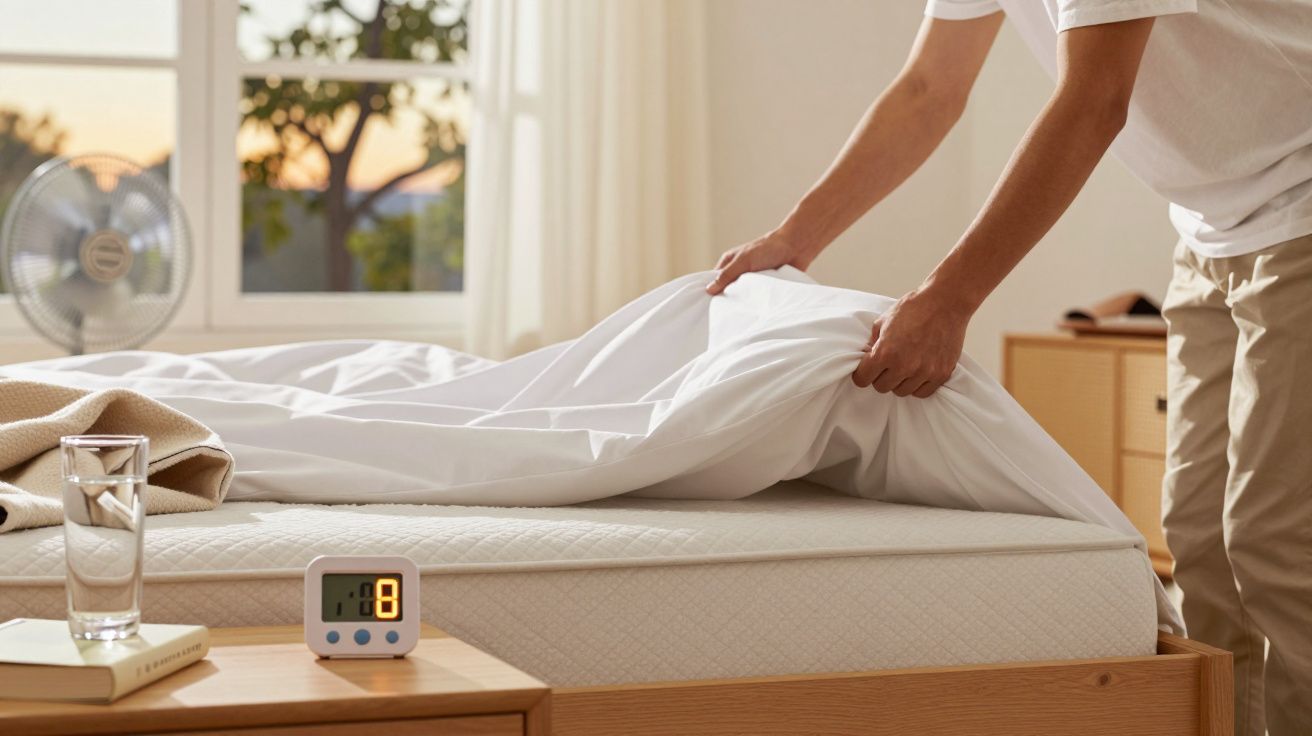 Pessoa arrumando a cama pela manhã, com ventilador ao fundo e relógio na mesa de cabeceira.