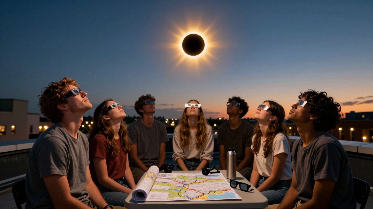 Grupo de jovens usando óculos especiais para observar eclipse solar no terraço ao entardecer.