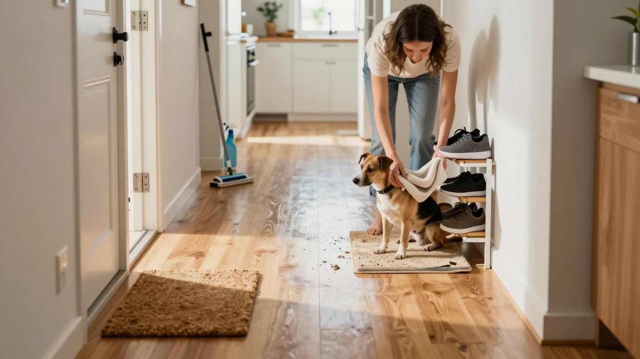 Mulher secando cachorro com toalha em corredor de casa com chão de madeira e tapetes.
