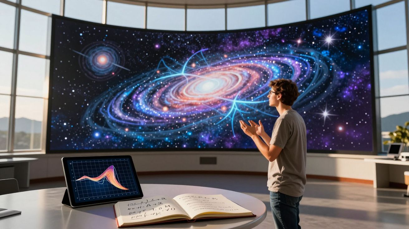 Pessoa jovem observa uma enorme tela curvada exibindo uma galáxia espiral em uma sala iluminada.