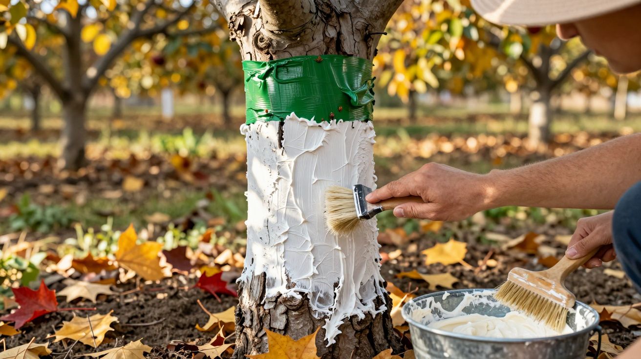 Pessoa aplicando calda bordalesa em tronco de árvore em pomar com folhas secas no chão.