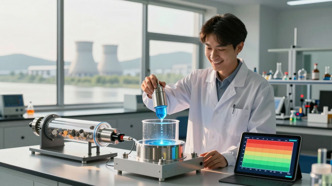 Cientista em laboratório manipulando líquido azul com equipamento tecnológico e gráfico colorido ao lado.