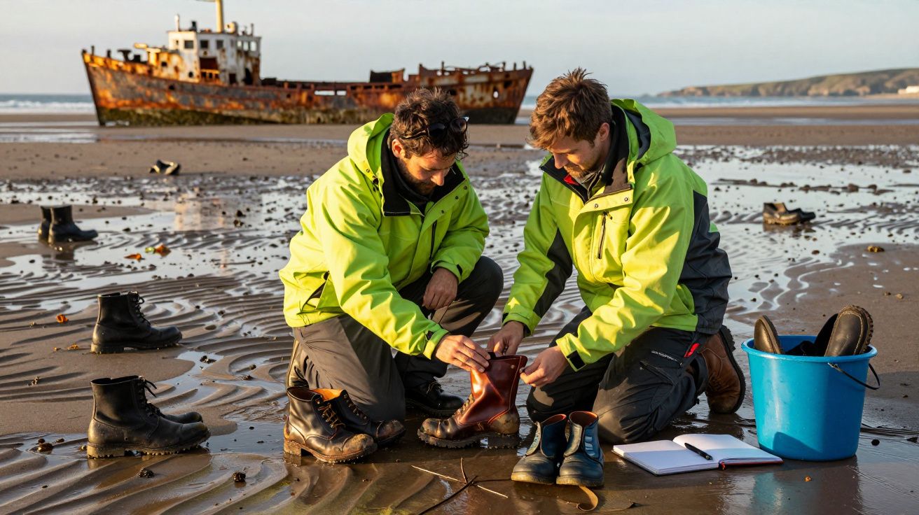 Dois homens com jaquetas verdes analisam botas na praia com navio naufragado ao fundo.