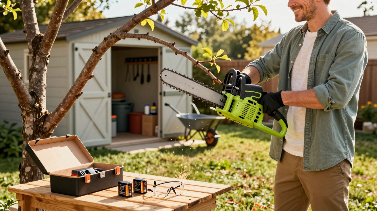 Homem com motosserra verde cortando galho de árvore no jardim com caixa de ferramentas sobre mesa de madeira.