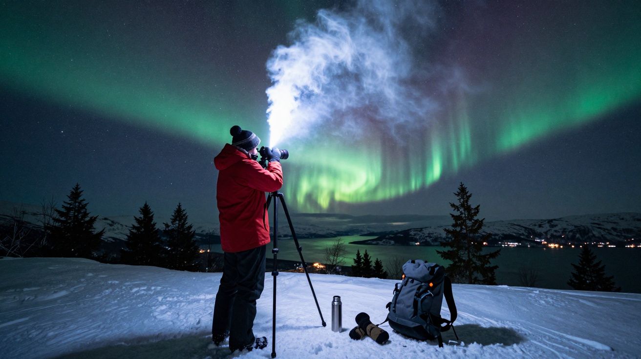 Fotógrafo parado na neve com respiração visível, capturando a aurora boreal no céu noturno.