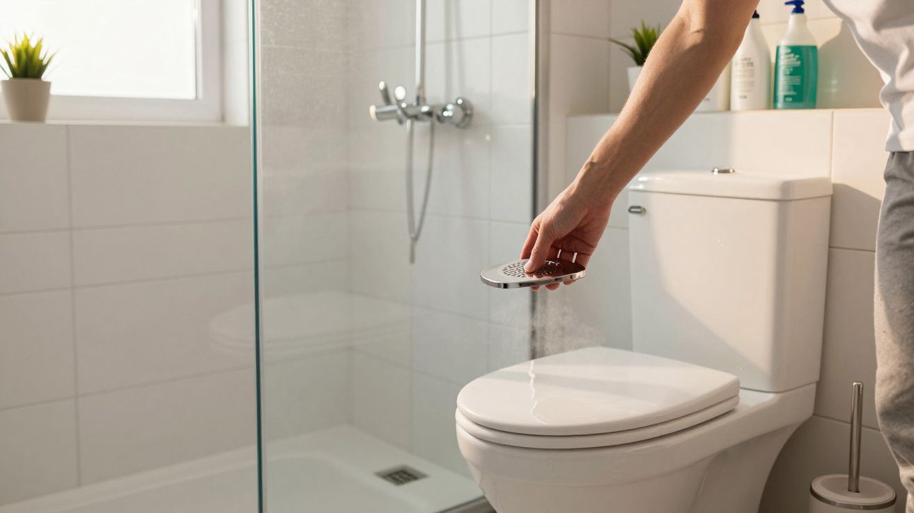Pessoa aplicando desinfetante na tampa do vaso sanitário em banheiro claro e iluminado.
