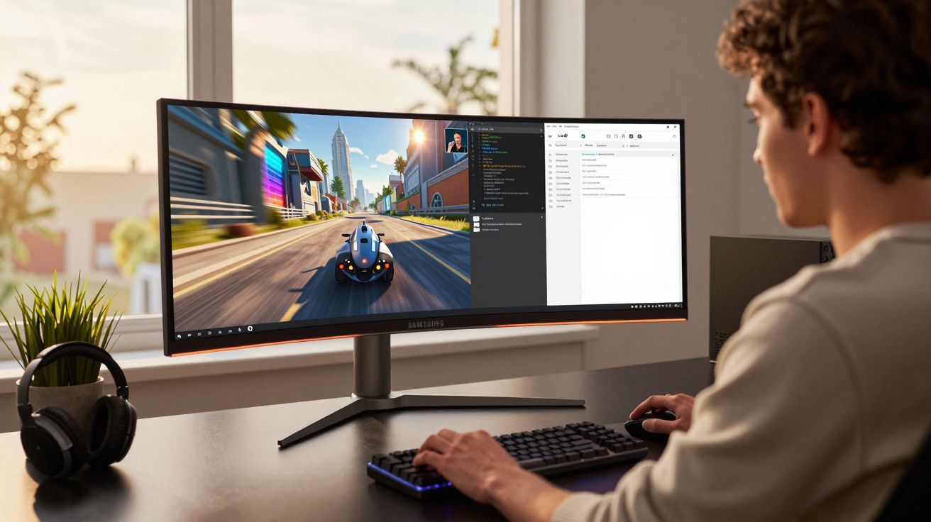 Jovem usando computador com monitor ultrawide jogando corrida e navegando em software na tela.