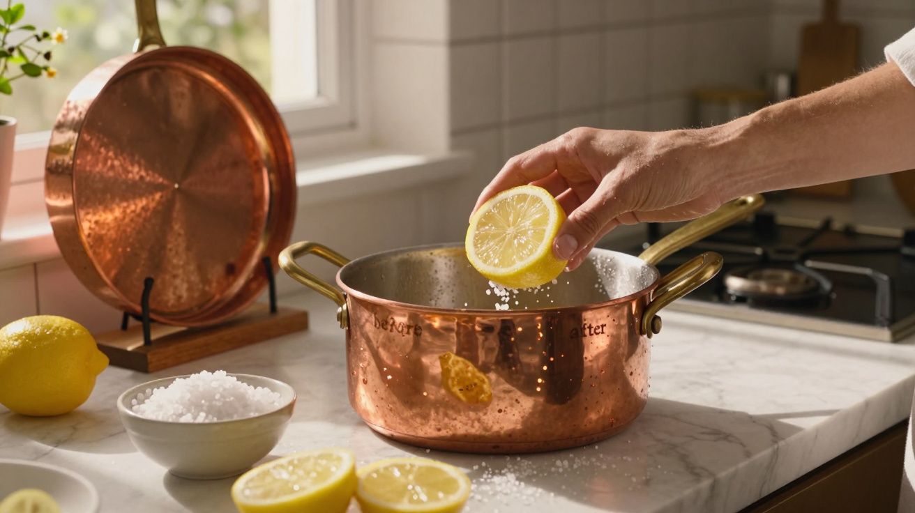 Pessoa espremendo limão e sal em panela de cobre sobre bancada de cozinha com fogão ao fundo.