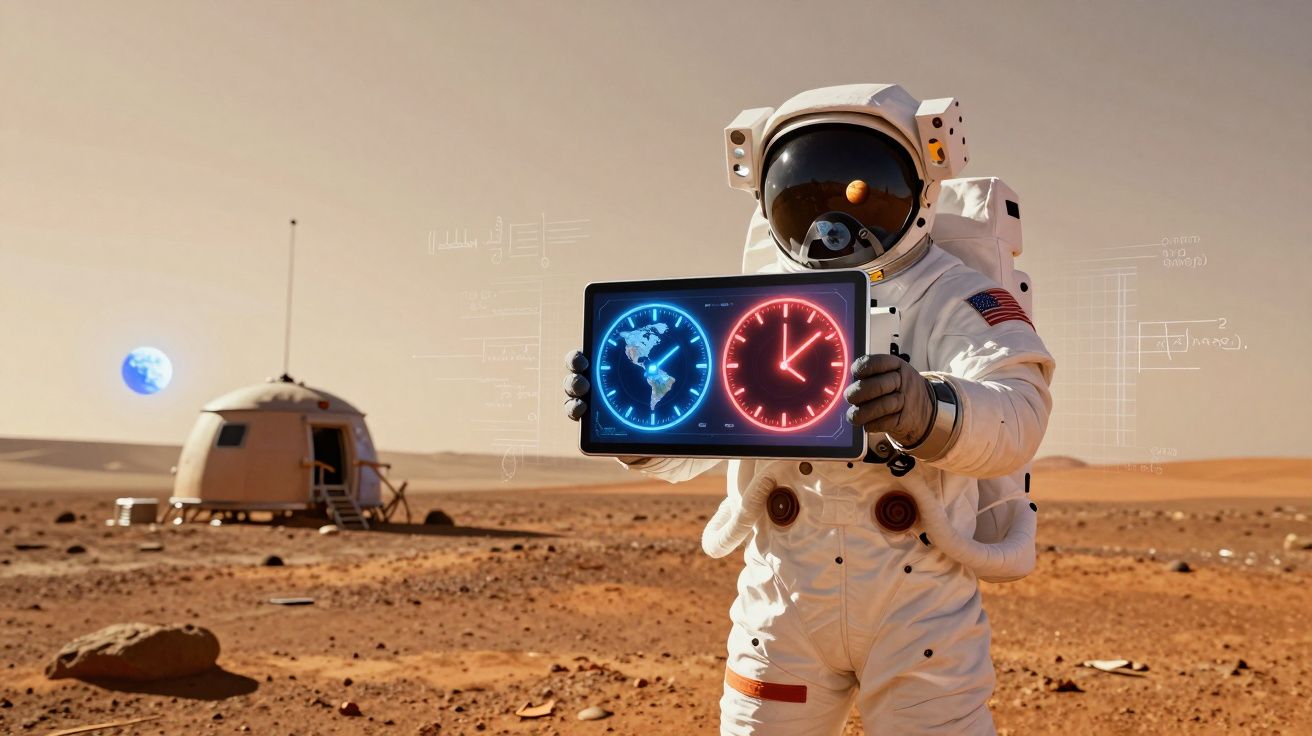 Astronauta em planeta deserto segura tablet com relógios mostrando Terra e horário local.