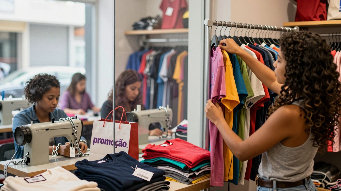 Mulher escolhendo camiseta em loja, com outras pessoas costurando roupas ao fundo.