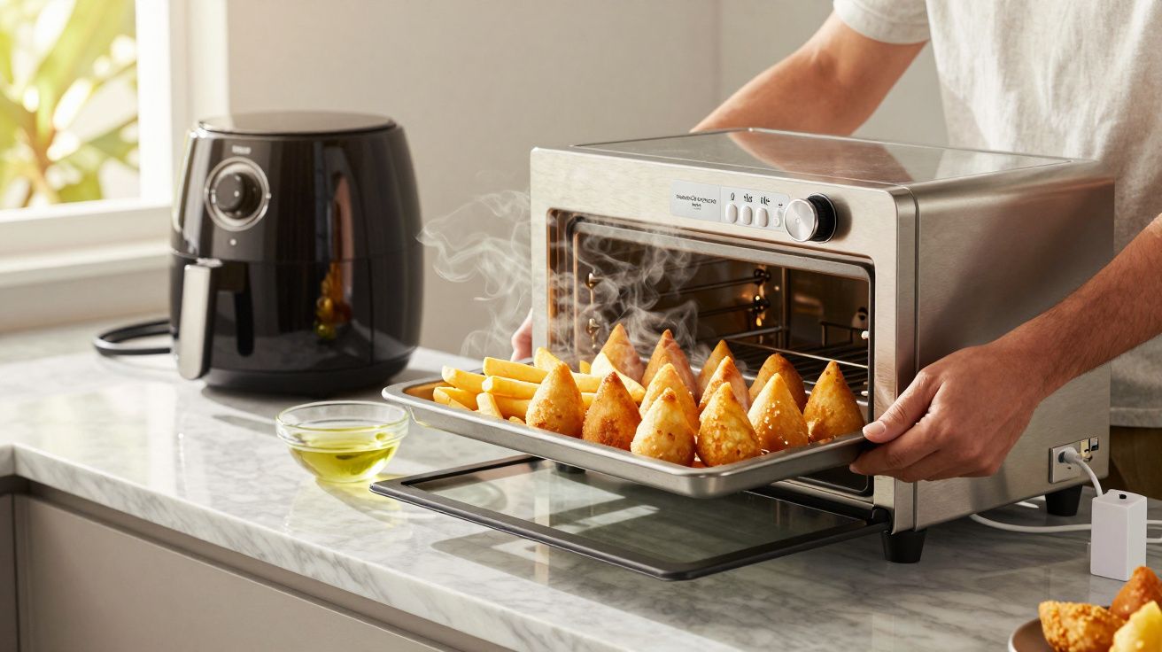 Pessoa tirando assados quentes do forno elétrico em cozinha com air fryer ao fundo