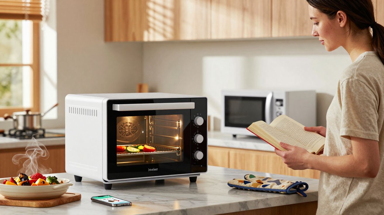 Mulher lendo livro enquanto prepara legumes em forno elétrico na cozinha moderna.