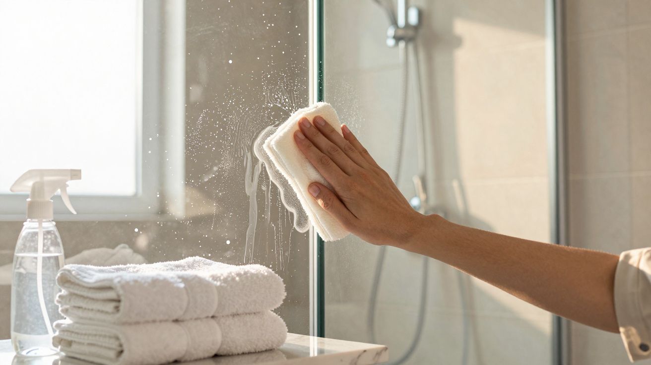 Mão limpando vidro do box do banheiro com pano branco e toalhas empilhadas ao lado.