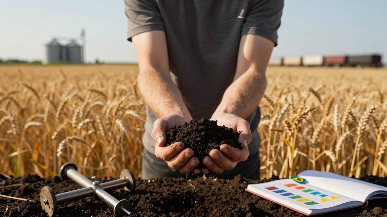 Pessoa segurando terra fértil em campo de trigo, com caderno de anotações e ferramenta agrícola.