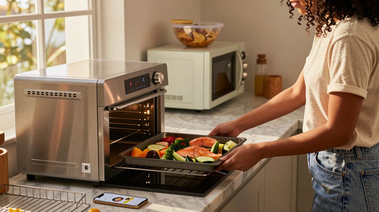 Mulher tirando assadeira com salmão e legumes de forno elétrico em cozinha iluminada.