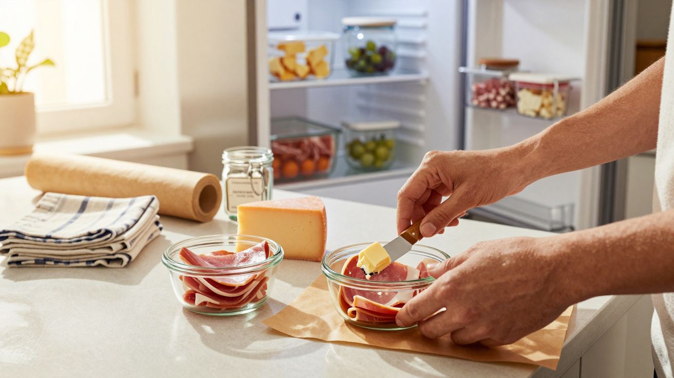 Mãos passando manteiga em fatias de presunto em tigela, queijo e geladeira ao fundo em cozinha iluminada.
