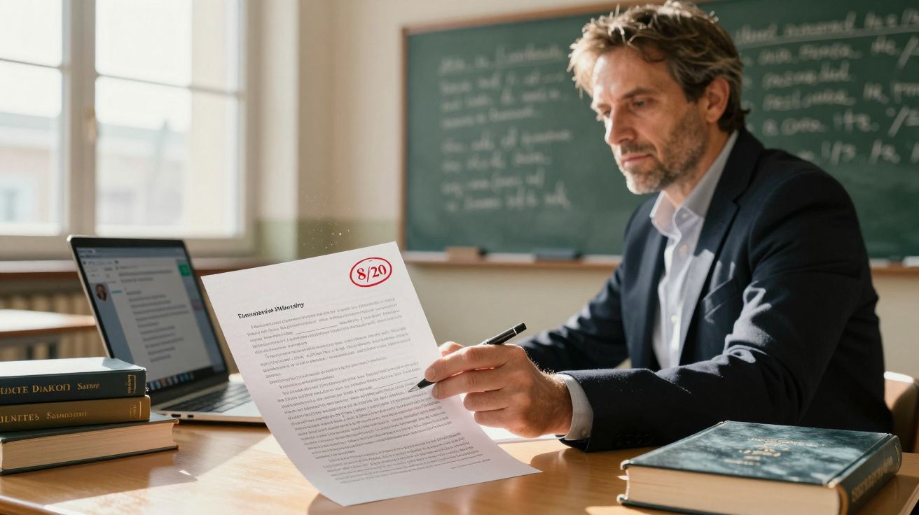 Professor avaliando prova com nota 8 de 20 em sala de aula, segurando caneta e documento.