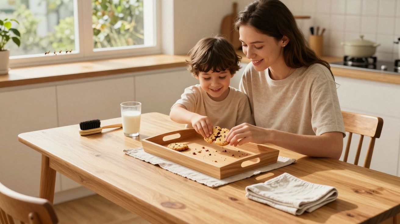 Mãe e filho sorrindo enquanto compartilham biscoitos em uma bandeja na mesa da cozinha iluminada.