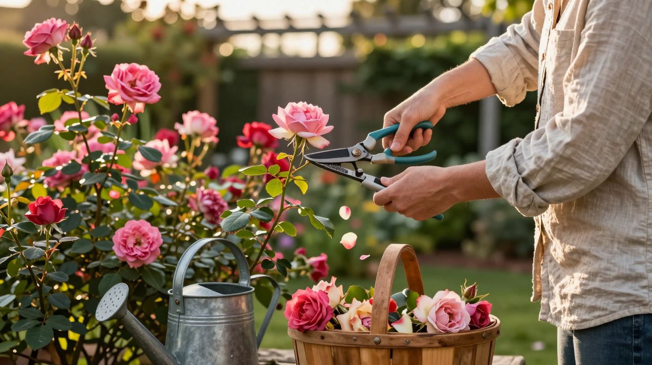 Pessoa colhendo rosas cor-de-rosa com tesoura de poda em jardim ensolarado com regador ao lado.