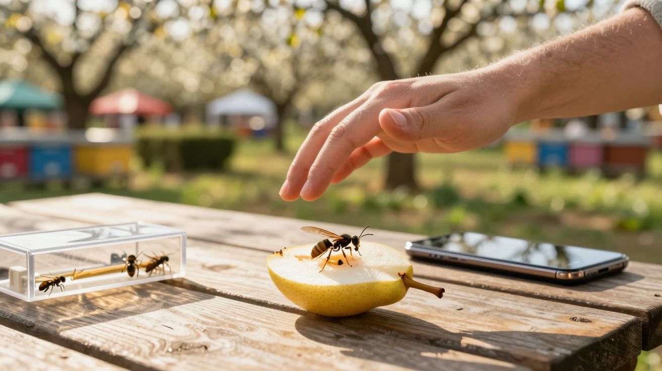 Mão próxima de abelha em metade de pêra sobre mesa de madeira com colmeias e celular ao fundo.