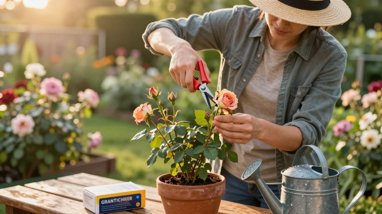 Pessoa podando rosas laranja em vaso de cerâmica em jardim ao ar livre ao entardecer.