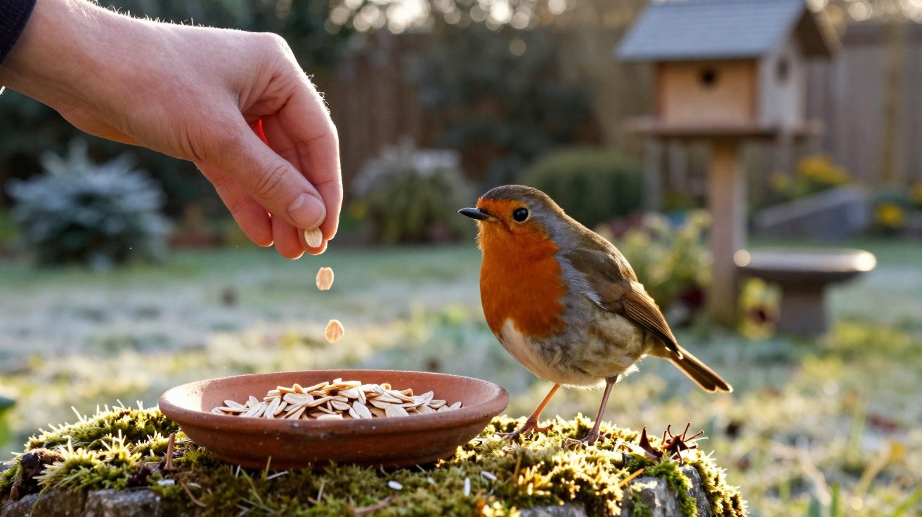 Mão alimentando um pássaro com penas marrons e peito laranja em prato sobre tronco coberto de musgo.