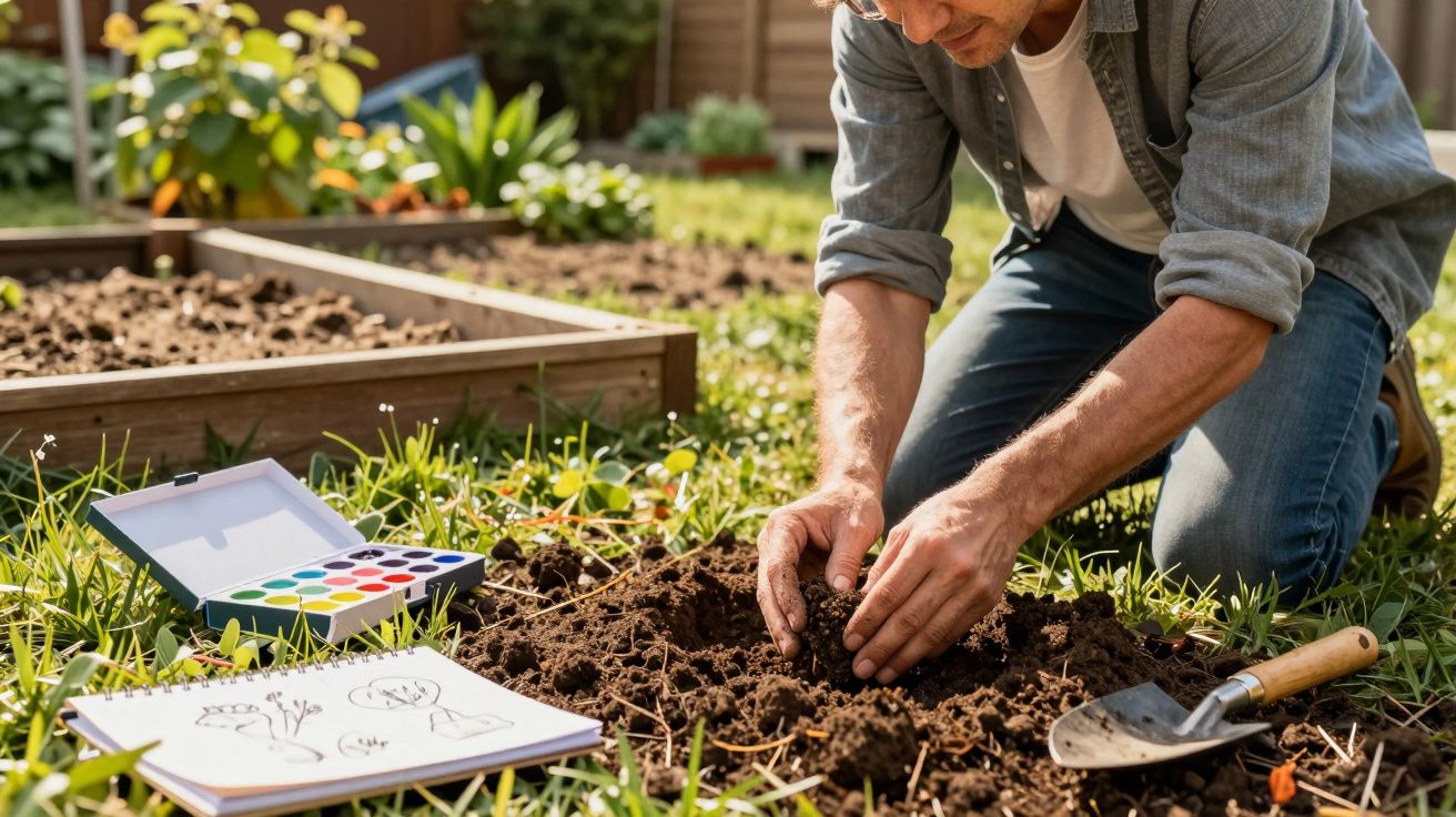 Homem ajoelhado no jardim plantando mudas na terra próxima a desenhos e aquarela.