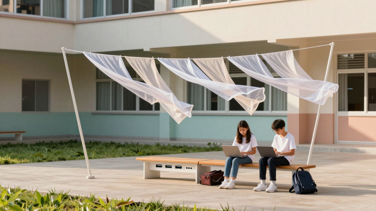 Duas pessoas sentadas em banco ao ar livre com laptops, sob estrutura com tecido branco esvoaçante.