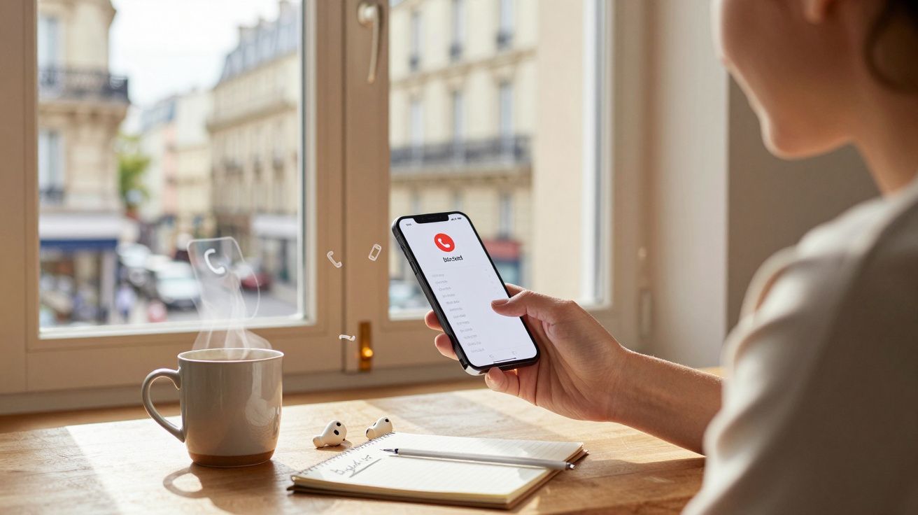 Pessoa segurando celular com chamada recebida, ao lado de xícara de café, fones e caderno à luz natural.