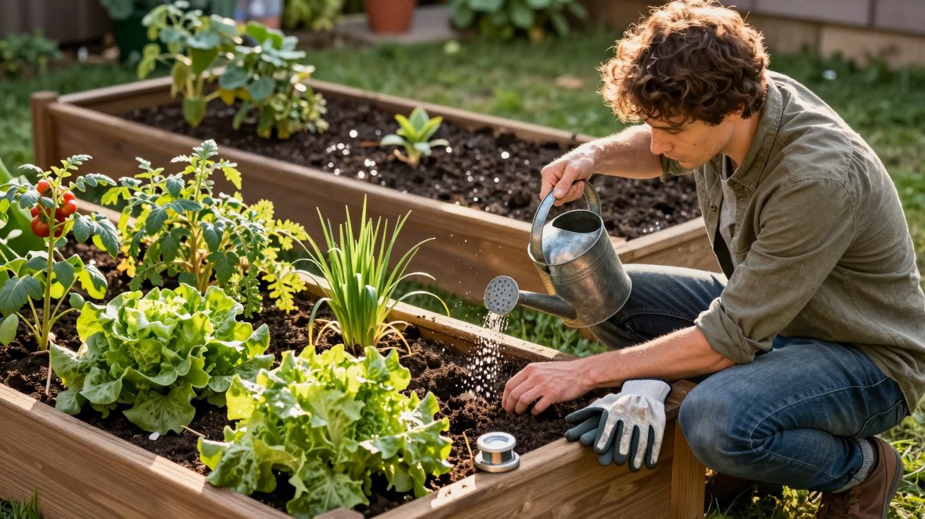Homem regando plantas em canteiros de madeira com regador em jardim residencial.