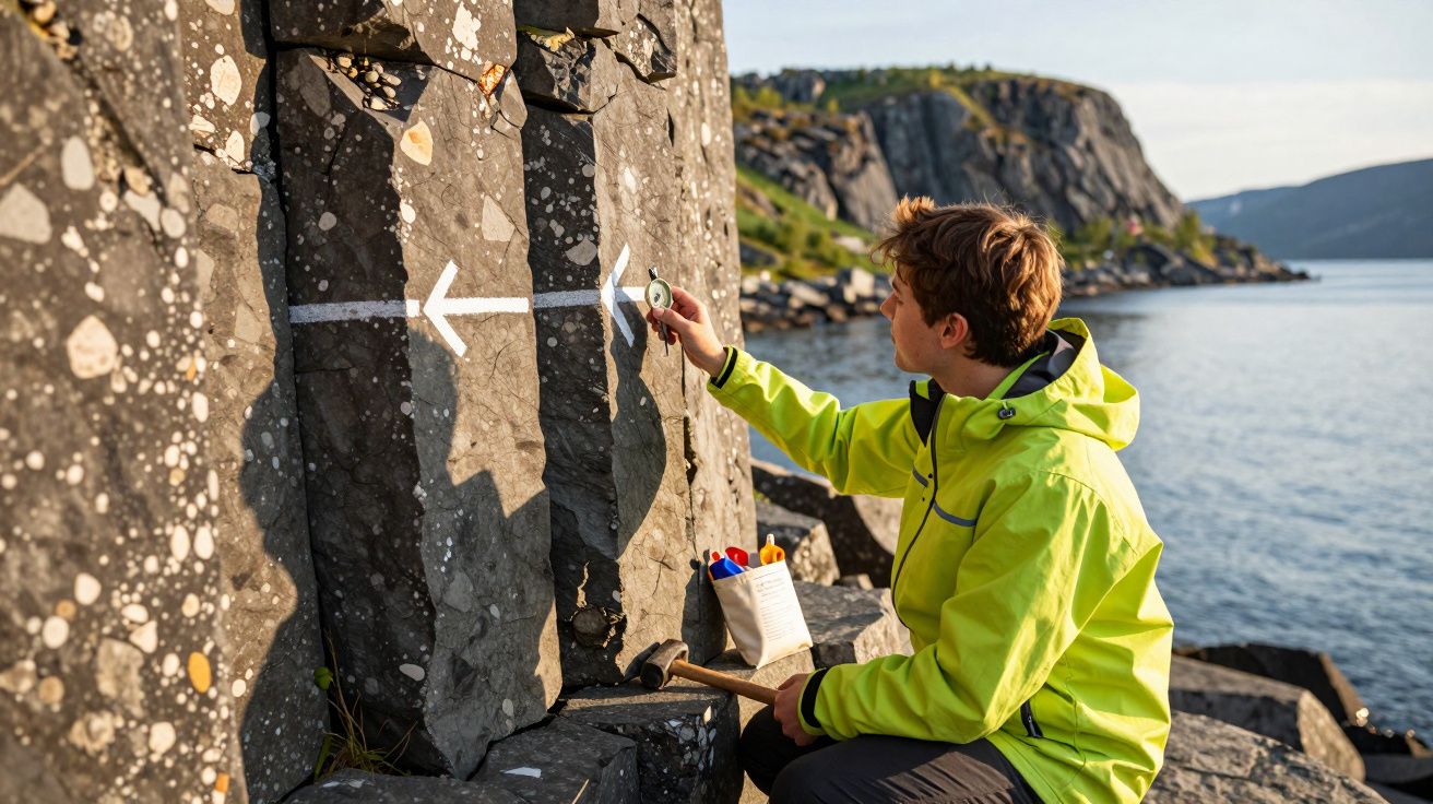 Jovem com jaqueta amarela mede a largura de formações rochosas perto do mar em dia ensolarado.