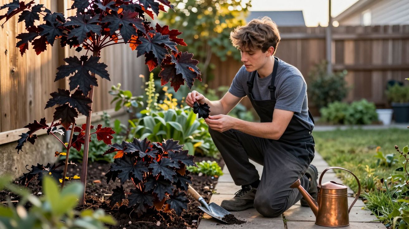 Jovem com jardineira examina folhas de planta em canteiro no quintal ao entardecer.