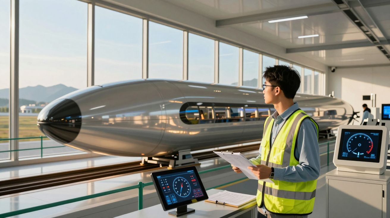 Homem com colete de segurança observa trem futurista dentro de estação moderna com monitores de controle ao redor.
