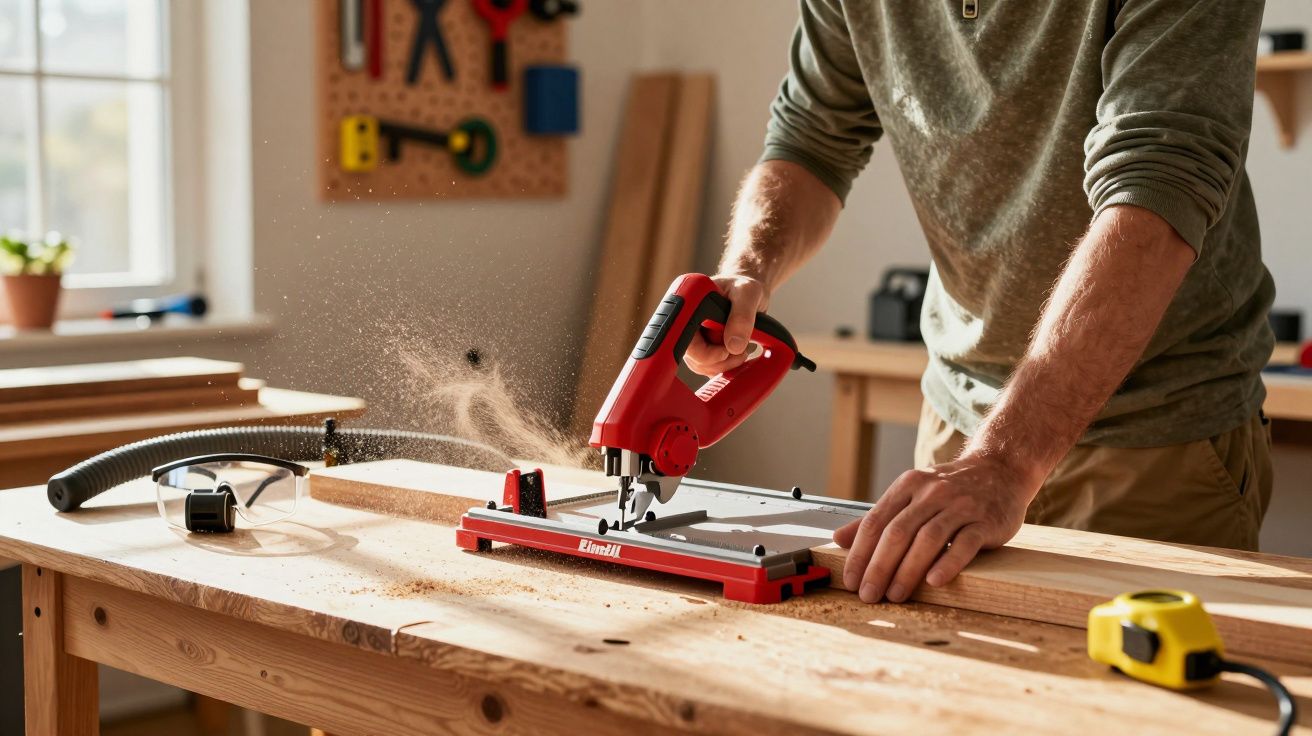 Pessoa usando serra tico-tico vermelha para cortar madeira em bancada de marcenaria com poeira no ar.