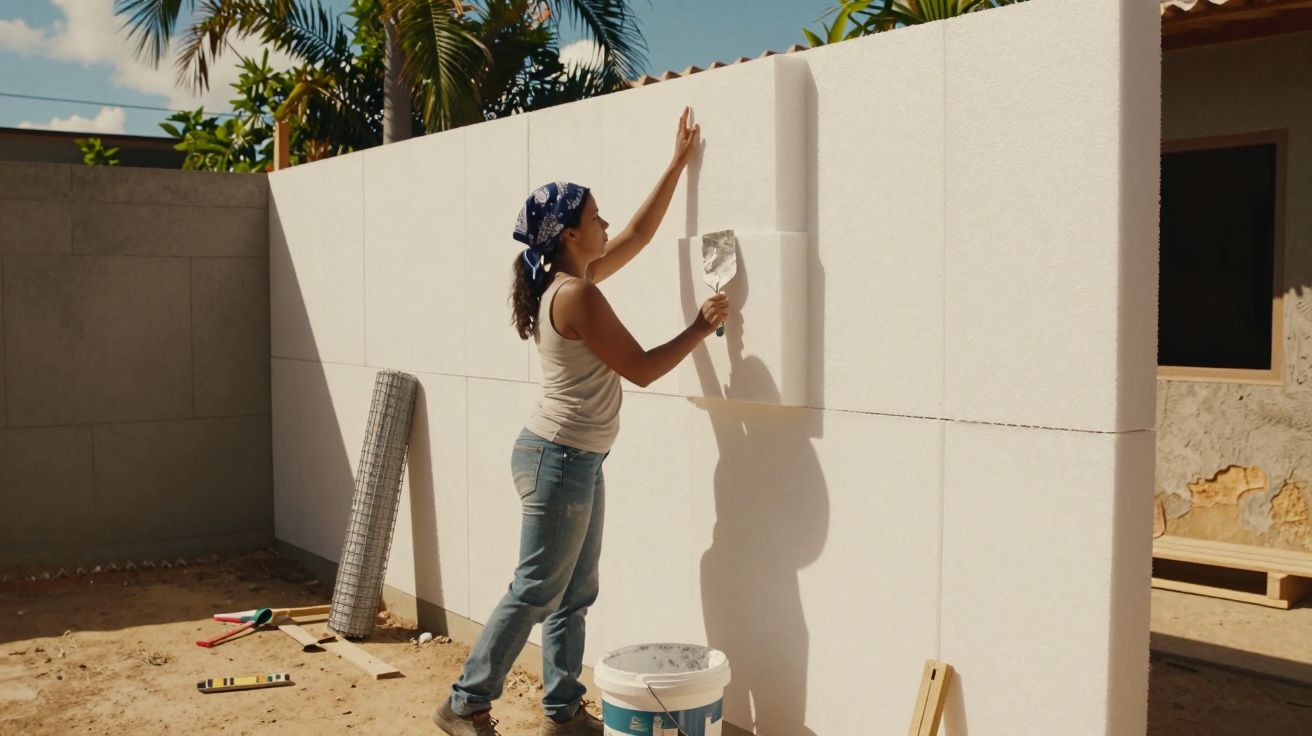 Mulher aplicando reboco em parede externa branca em construção sob sol, com ferramentas no chão.
