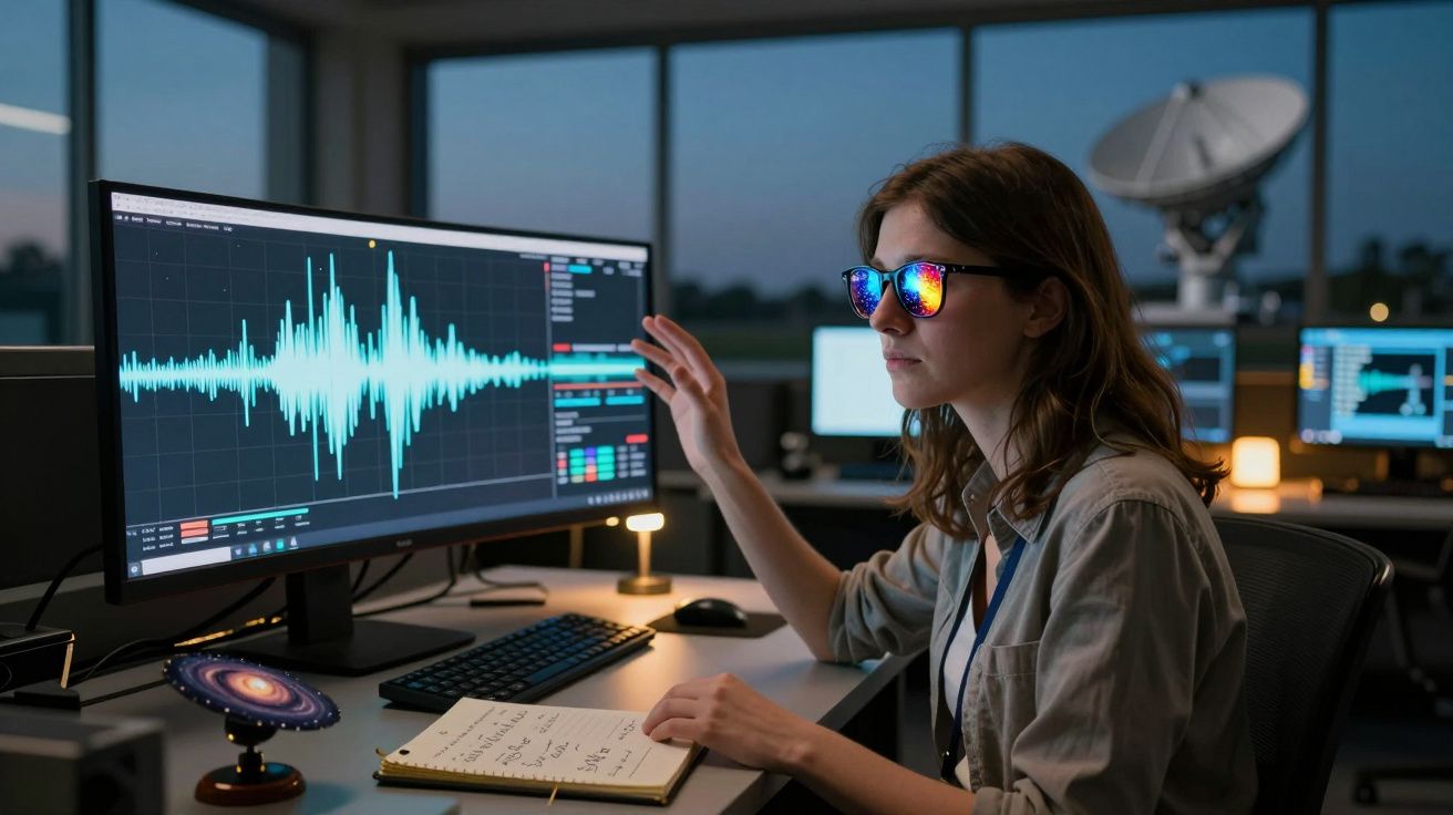 Mulher usando óculos refletivos analisa gráficos de ondas sonoras em estação de trabalho tecnológica à noite.