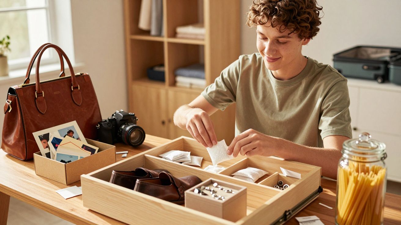 Jovem organiza bolsas, sapatos e acessórios em caixa de madeira em mesa clara com câmera e pacote de fotos.