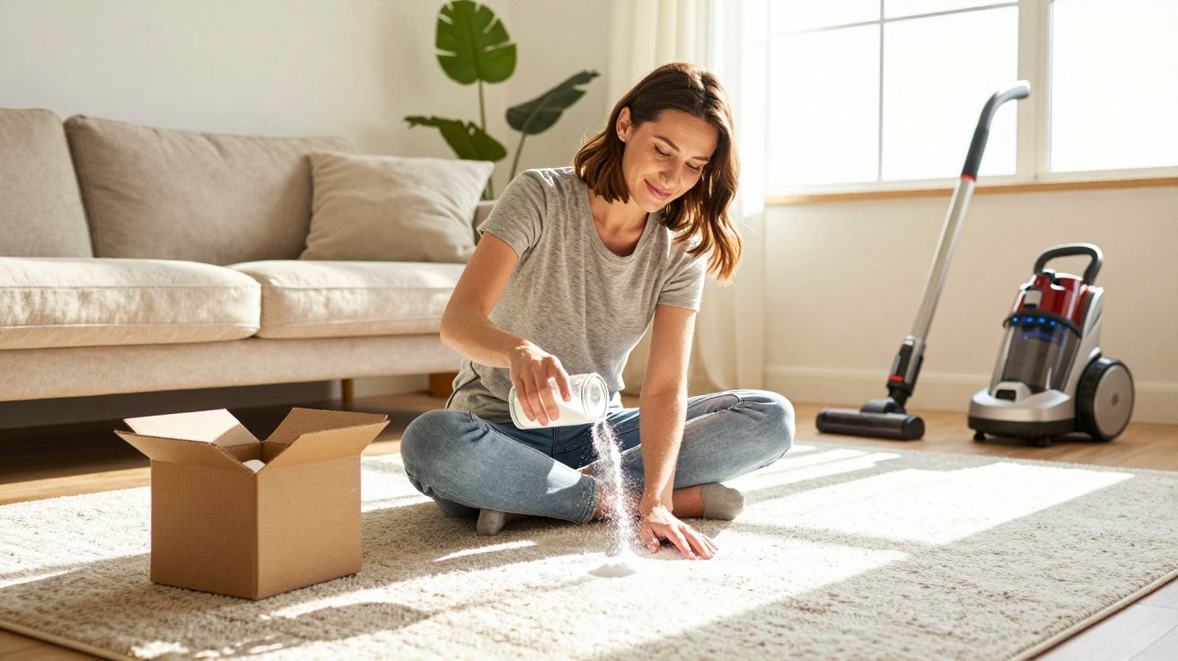 Mulher sentada no chão aplicando pó em tapete em sala de estar iluminada com aspirador ao fundo.