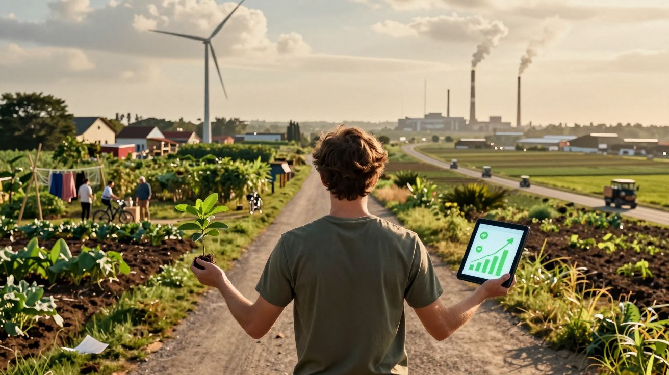 Homem de costas segura mudas e tablet com gráfico, em estrada agrícola perto de fazendas e turbina eólica.