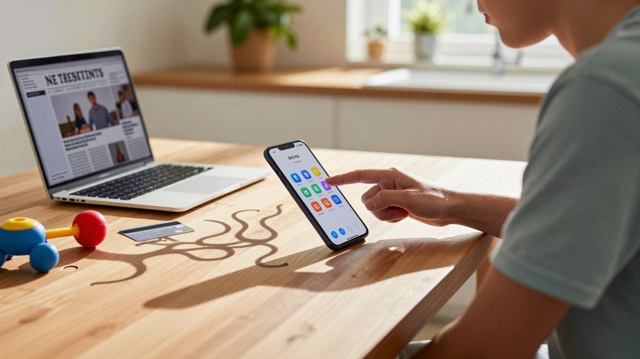 Pessoa usando smartphone com aplicativo aberto, ao lado de notebook, brinquedo e cartão em mesa de madeira.