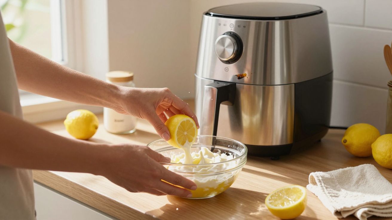 Pessoa espremendo limão em creme dentro de uma tigela de vidro sobre bancada com air fryer.