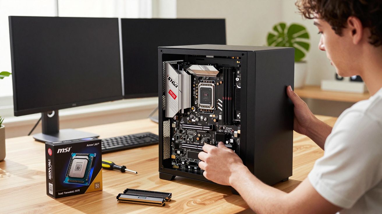 Pessoa montando um computador com placa-mãe MSI em mesa com dois monitores e componentes ao redor.