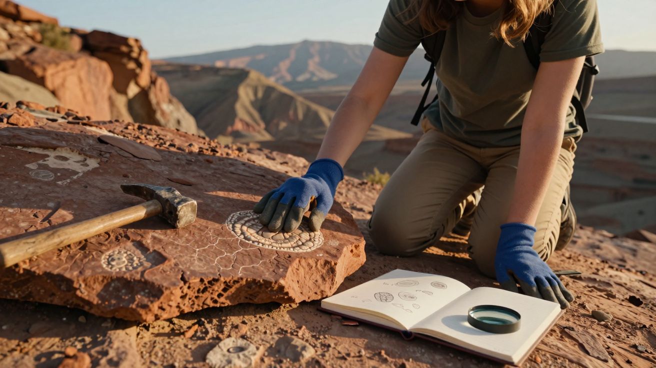 Pessoa com luvas azuis examina pedra com fósseis em área desértica, ao lado de martelo e caderno aberto.