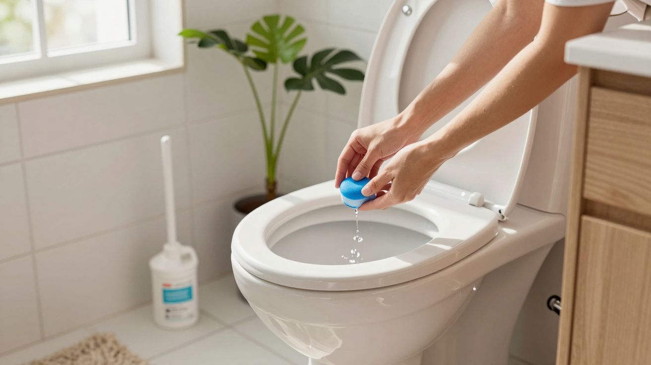 Mãos colocando pastilha azul no vaso sanitário branco em banheiro iluminado com planta ao fundo.