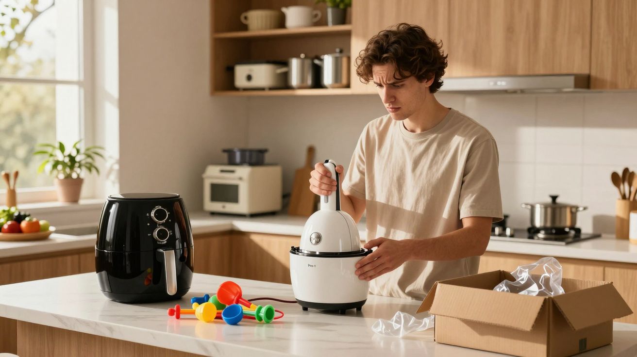 Homem montando processador de alimentos branco em cozinha moderna com fritadeira e caixa aberta na bancada.