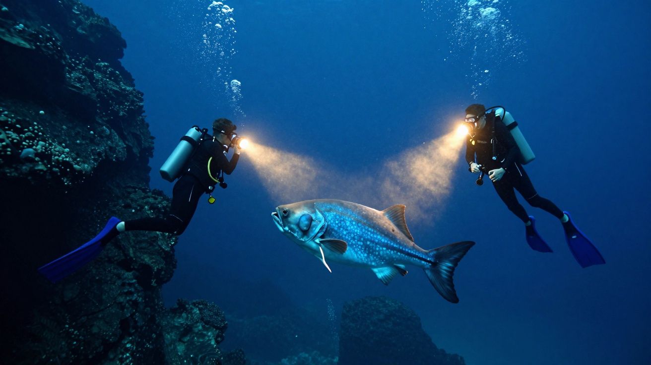 Dois mergulhadores com lanternas iluminando um peixe grande azul no fundo do mar.